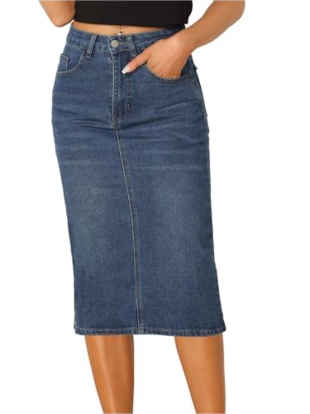 High Waist Denim Midi Pencil Skirt with Back Split and Pockets